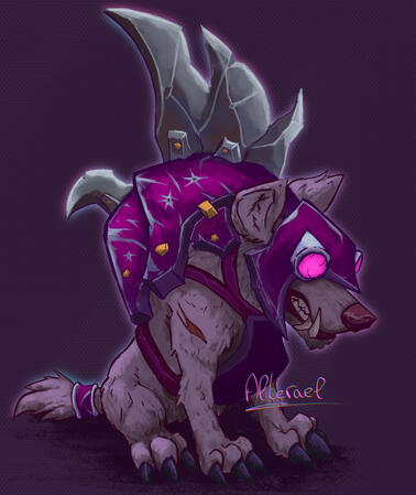 Sketch of a fantasy creature from World of Warcraft : a hyena wearing metal armor and big opaque glasses. The lineart is stylized and the coloring is rough.