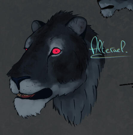 Stylized drawing of Vaigos, a cavern lion with a black fur and captivating red eye.