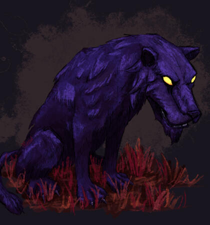 Fantasy creature stylized with a pen-like brush and cross-textured. It's a saber cat sitting in a red grass, colors are vibrant.