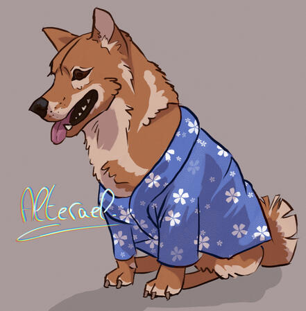 Stylized and cute rendition of a shiba wearing a blue kimono. The dog is sitting and relaxed.