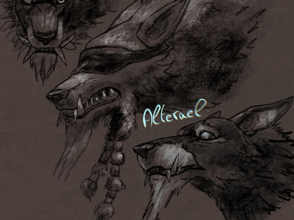 Rough sketch of three Worgens in a feral posture and mood. The drawing is made with a charcoal-like texture and confident lines with a few highlights.