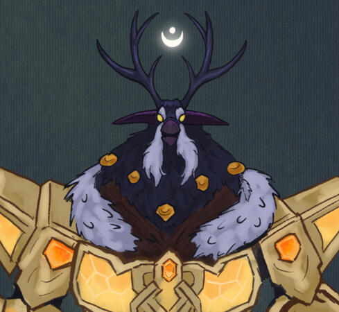 Fantasy image showing a Moonkin from World of warcraft riding a mecha, creating an explosive mix. The sketch is rough and so is the coloring, but the expression is clear.